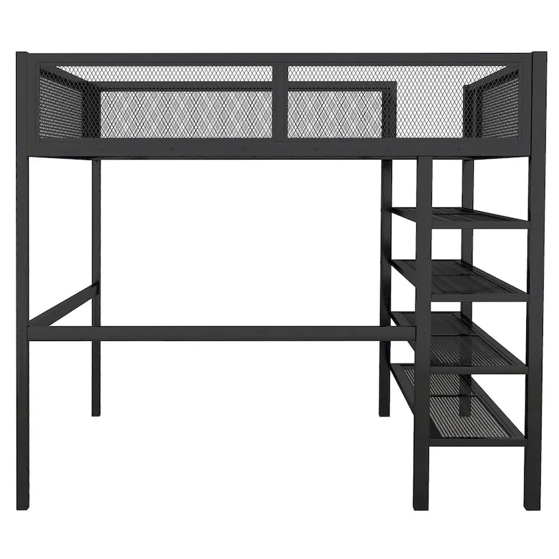 Full Size Metal Loft Bed with 4-Tier Shelves, Guardrail Side Storage, Black White Blue Pink