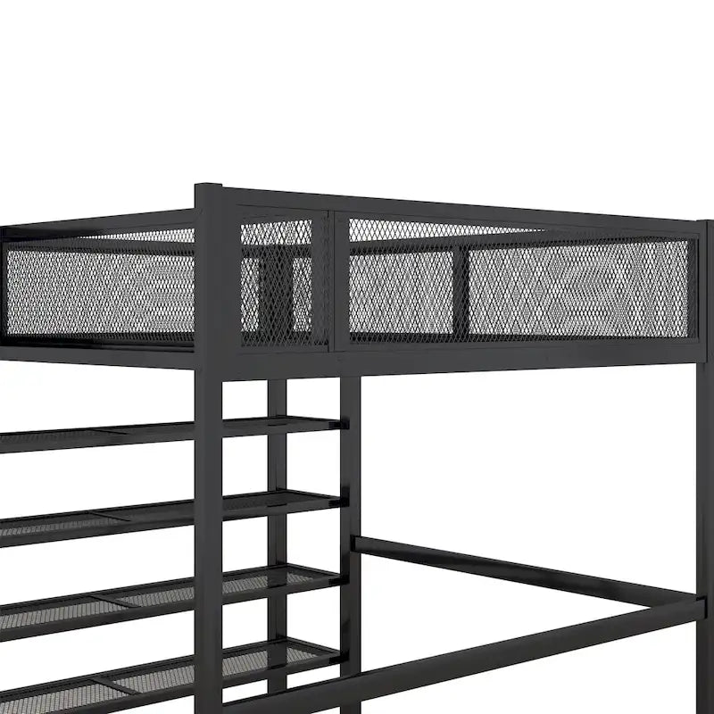 Full Size Metal Loft Bed with 4-Tier Shelves, Guardrail Side Storage, Black White Blue Pink