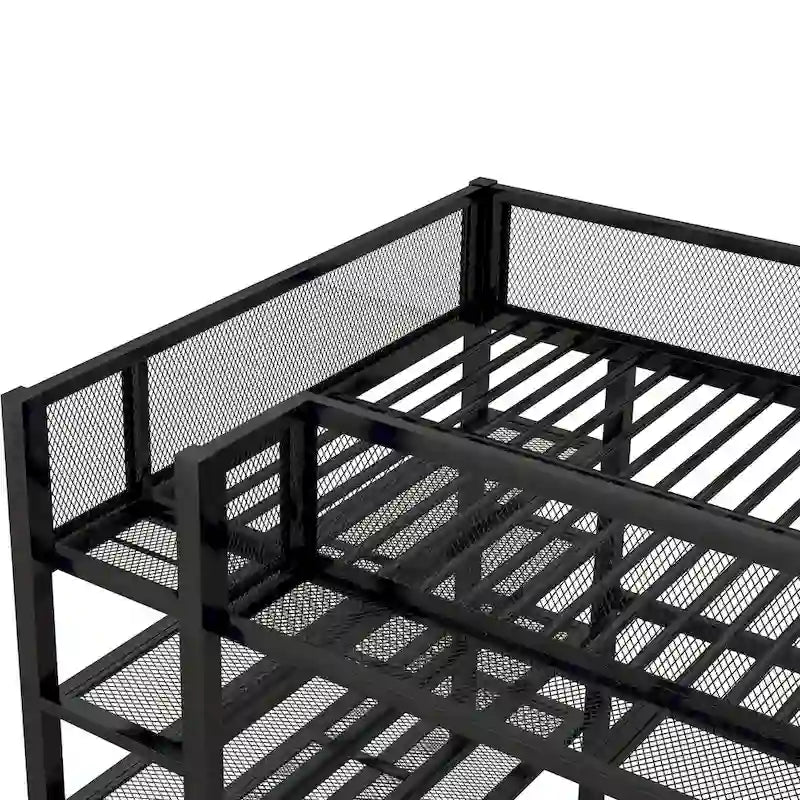 Hochbett aus Metall in Doppelbettgröße mit 4-stufigen Regalen und seitlichem Stauraum am Schutzgitter, Schwarz Weiß Blau Pink