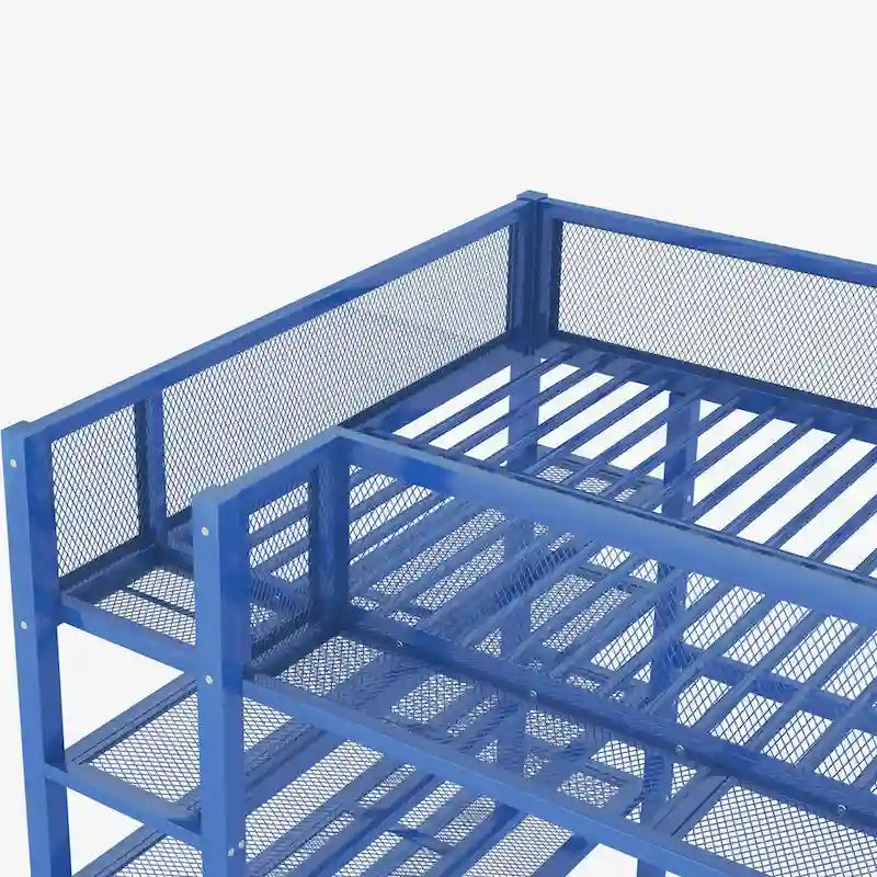 Hochbett aus Metall in Doppelbettgröße mit 4-stufigen Regalen und seitlichem Stauraum am Schutzgitter, Schwarz Weiß Blau Pink
