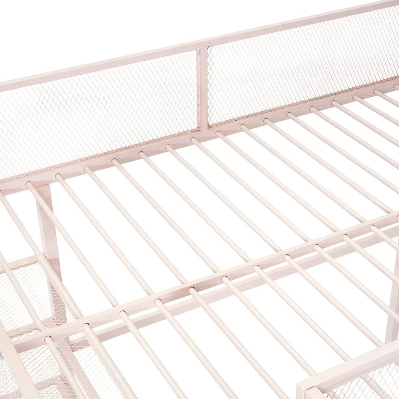 Hochbett aus Metall in Doppelbettgröße mit 4-stufigen Regalen und seitlichem Stauraum am Schutzgitter, Schwarz Weiß Blau Pink
