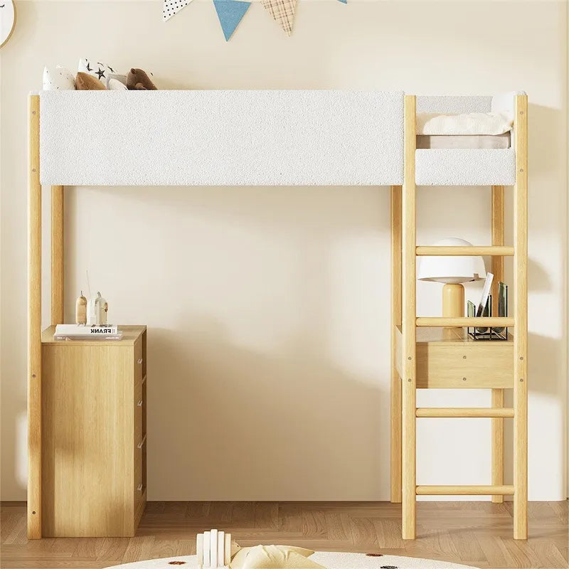 Cama alta de pino tamaño Twin con barandillas tapizadas en tejido polar, escritorio abatible y módulo de almacenamiento con 4 cajones, gris blanco natural