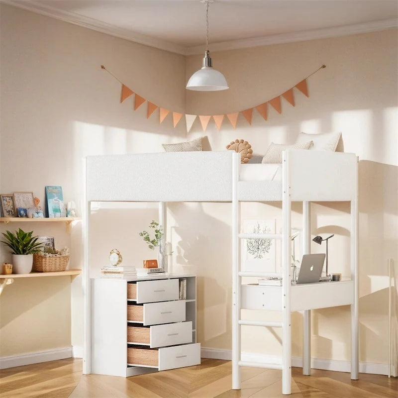 Cama alta de pino tamaño Twin con barandillas tapizadas en tejido polar, escritorio abatible y módulo de almacenamiento con 4 cajones, gris blanco natural