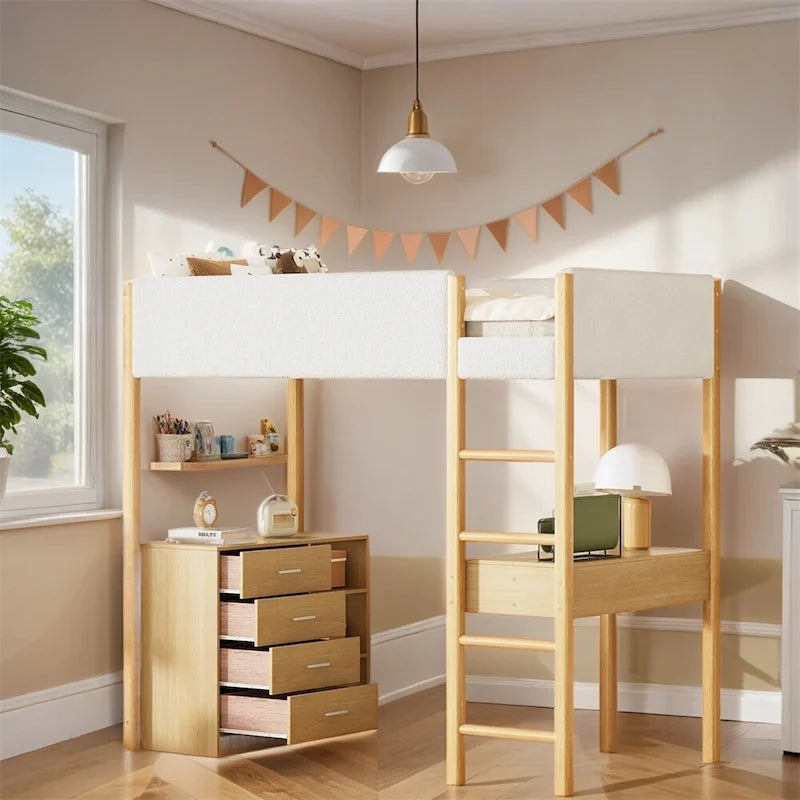 Cama alta de pino tamaño Twin con barandillas tapizadas en tejido polar, escritorio abatible y módulo de almacenamiento con 4 cajones, gris blanco natural