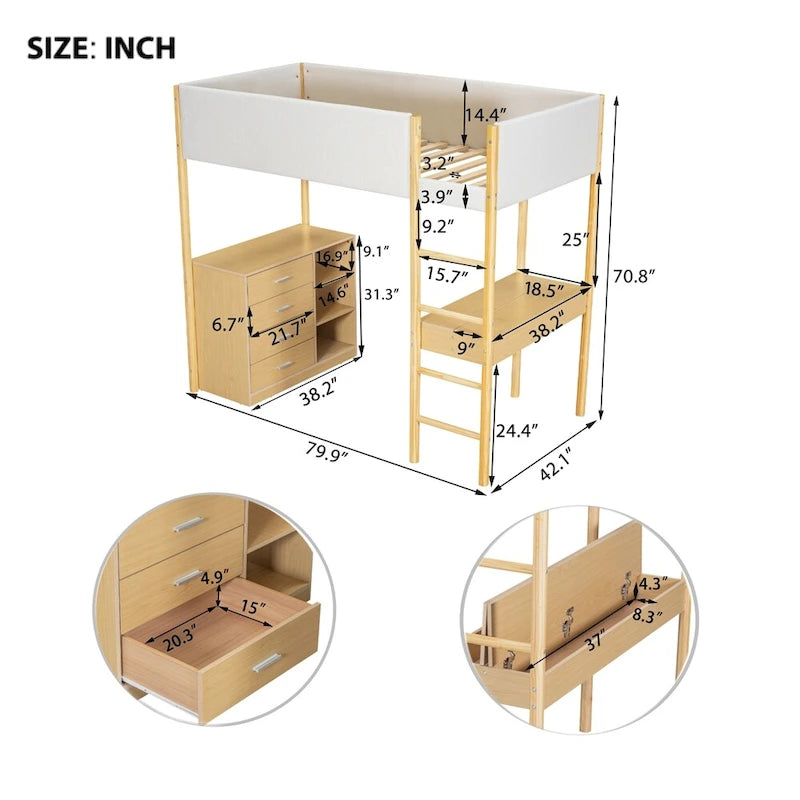 Cama alta de pino tamaño Twin con barandillas tapizadas en tejido polar, escritorio abatible y módulo de almacenamiento con 4 cajones, gris blanco natural