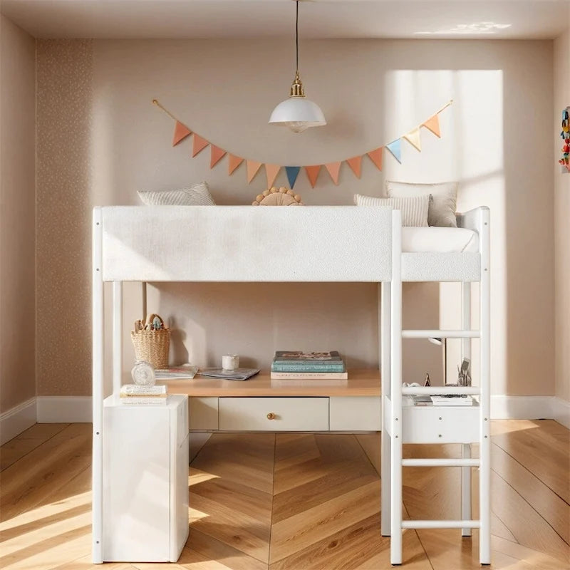 Cama alta de pino tamaño Twin con barandillas tapizadas en tejido polar, escritorio abatible y módulo de almacenamiento con 4 cajones, gris blanco natural