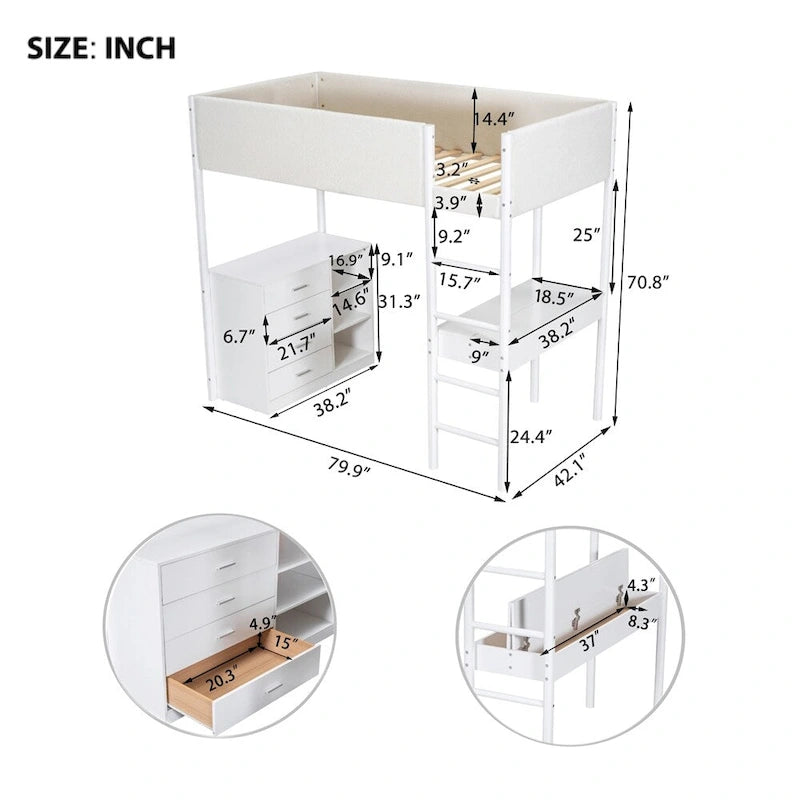 Cama alta de pino tamaño Twin con barandillas tapizadas en tejido polar, escritorio abatible y módulo de almacenamiento con 4 cajones, gris blanco natural