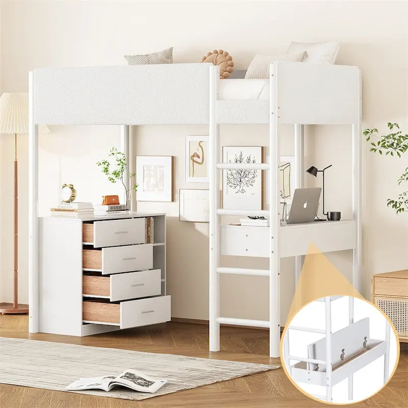 Cama alta de pino tamaño Twin con barandillas tapizadas en tejido polar, escritorio abatible y módulo de almacenamiento con 4 cajones, gris blanco natural