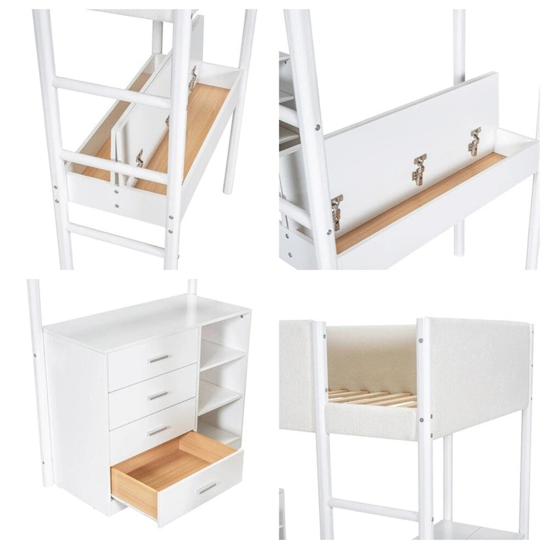 Cama alta de pino tamaño Twin con barandillas tapizadas en tejido polar, escritorio abatible y módulo de almacenamiento con 4 cajones, gris blanco natural