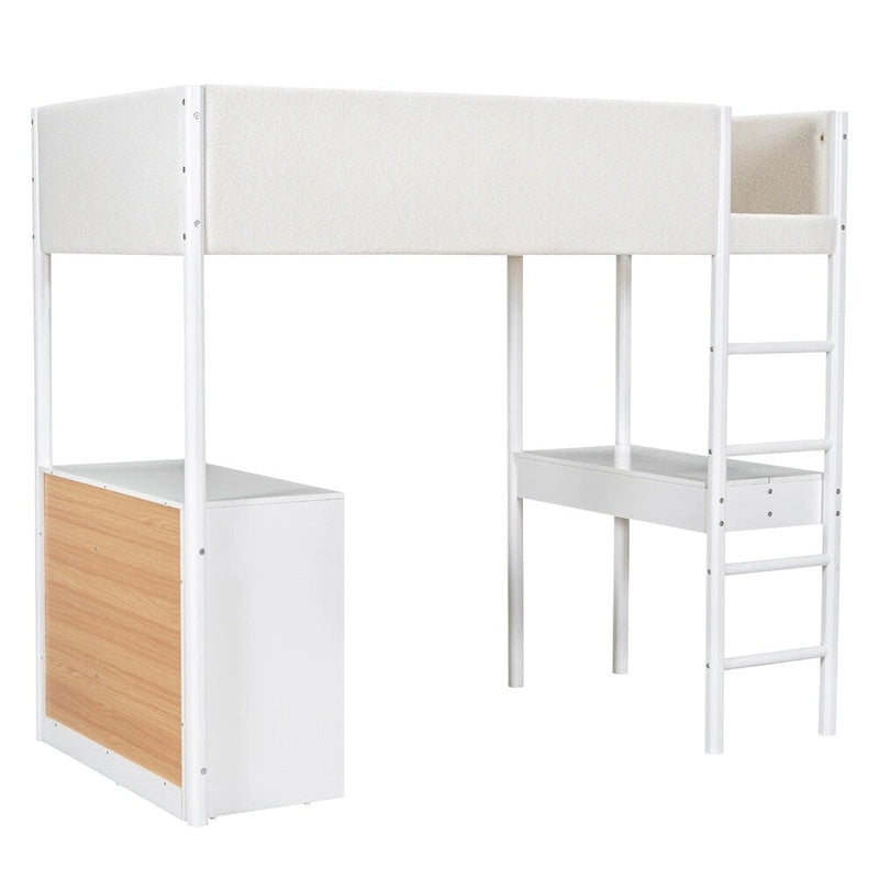 Cama alta de pino tamaño Twin con barandillas tapizadas en tejido polar, escritorio abatible y módulo de almacenamiento con 4 cajones, gris blanco natural
