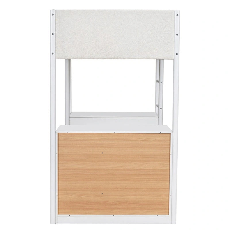 Cama alta de pino tamaño Twin con barandillas tapizadas en tejido polar, escritorio abatible y módulo de almacenamiento con 4 cajones, gris blanco natural