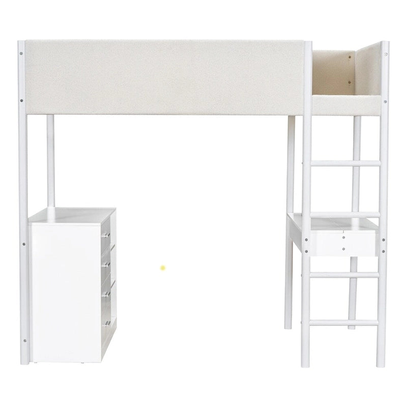 Cama alta de pino tamaño Twin con barandillas tapizadas en tejido polar, escritorio abatible y módulo de almacenamiento con 4 cajones, gris blanco natural