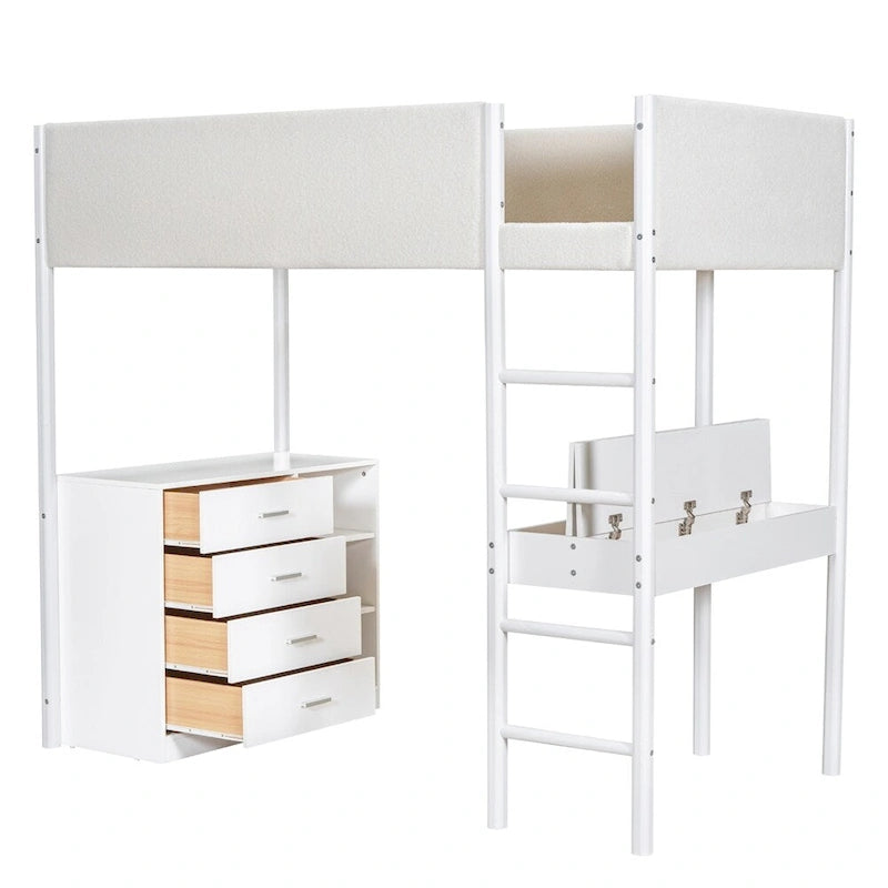 Cama alta de pino tamaño Twin con barandillas tapizadas en tejido polar, escritorio abatible y módulo de almacenamiento con 4 cajones, gris blanco natural