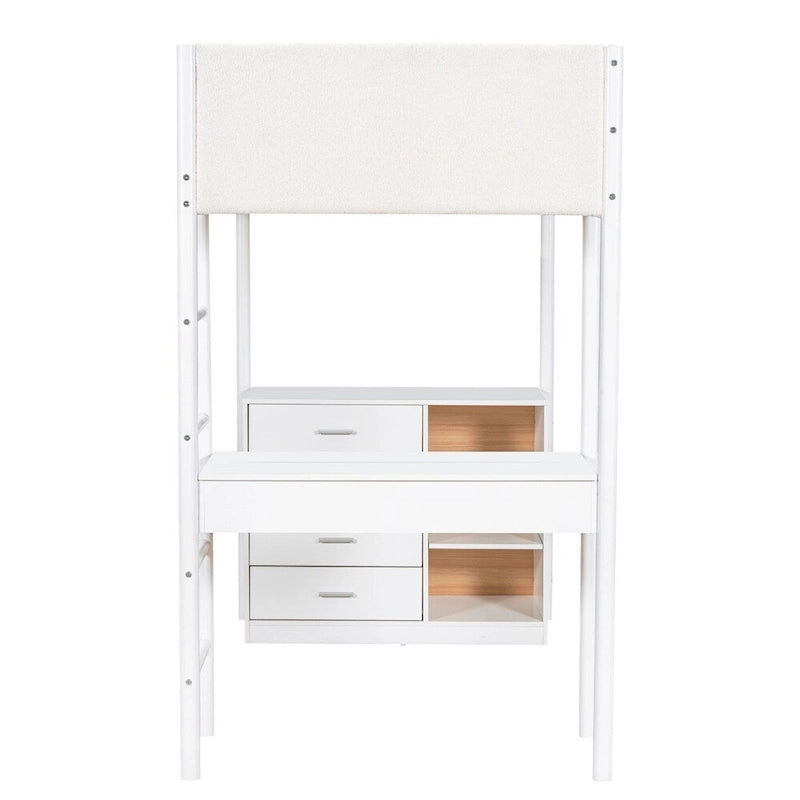 Cama alta de pino tamaño Twin con barandillas tapizadas en tejido polar, escritorio abatible y módulo de almacenamiento con 4 cajones, gris blanco natural