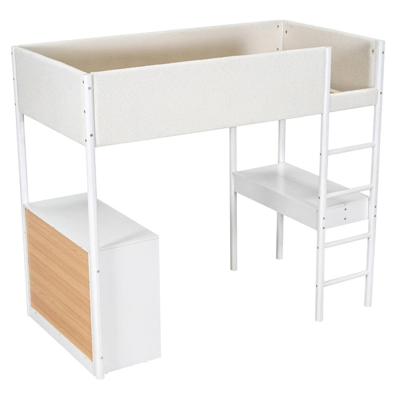 Cama alta de pino tamaño Twin con barandillas tapizadas en tejido polar, escritorio abatible y módulo de almacenamiento con 4 cajones, gris blanco natural