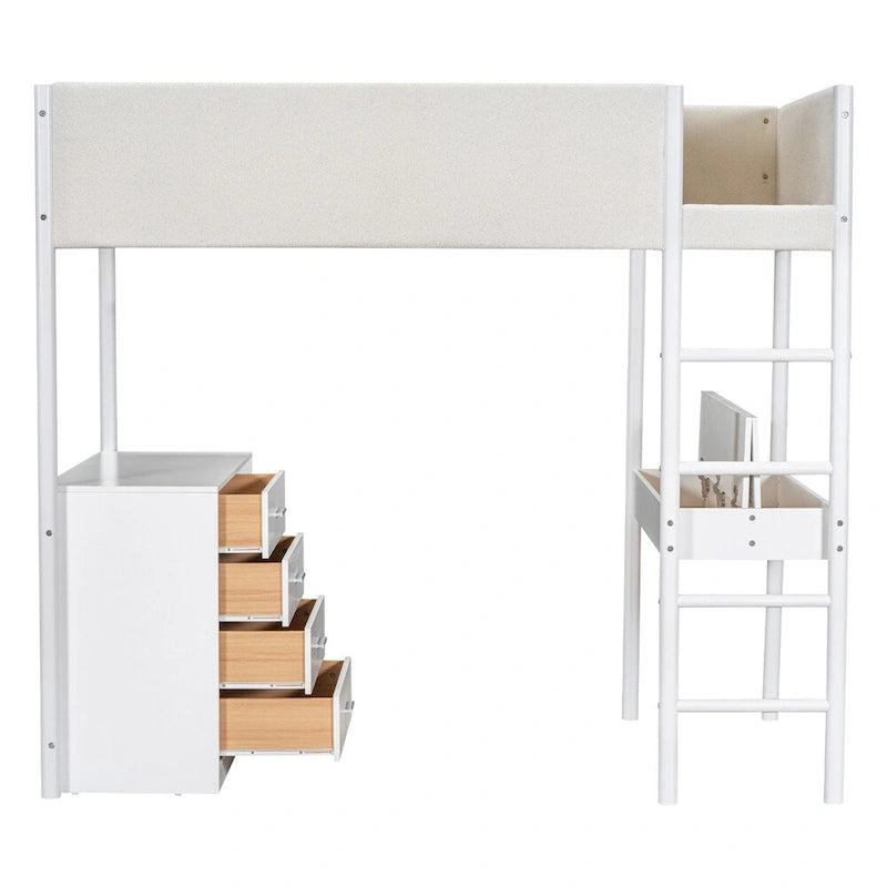 Cama alta de pino tamaño Twin con barandillas tapizadas en tejido polar, escritorio abatible y módulo de almacenamiento con 4 cajones, gris blanco natural