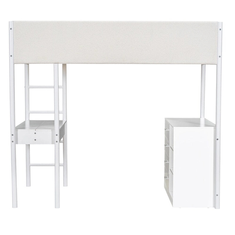 Cama alta de pino tamaño Twin con barandillas tapizadas en tejido polar, escritorio abatible y módulo de almacenamiento con 4 cajones, gris blanco natural