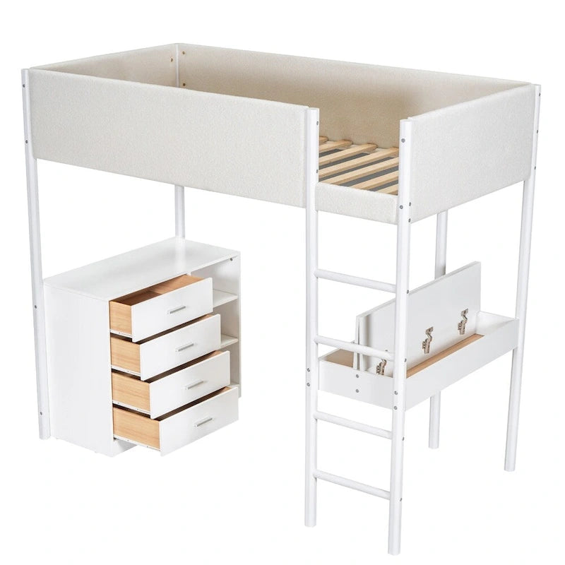 Cama alta de pino tamaño Twin con barandillas tapizadas en tejido polar, escritorio abatible y módulo de almacenamiento con 4 cajones, gris blanco natural