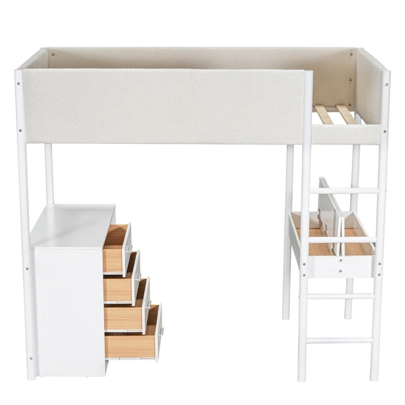 Cama alta de pino tamaño Twin con barandillas tapizadas en tejido polar, escritorio abatible y módulo de almacenamiento con 4 cajones, gris blanco natural