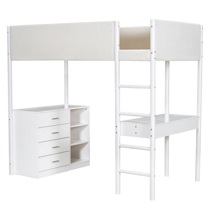 Cama alta de pino tamaño Twin con barandillas tapizadas en tejido polar, escritorio abatible y módulo de almacenamiento con 4 cajones, gris blanco natural