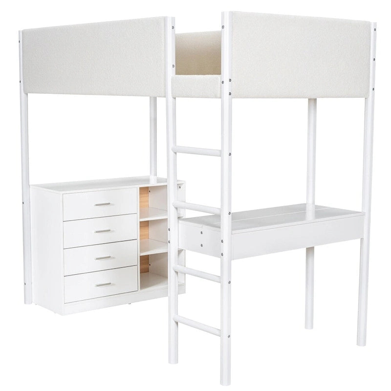 Cama alta de pino tamaño Twin con barandillas tapizadas en tejido polar, escritorio abatible y módulo de almacenamiento con 4 cajones, gris blanco natural