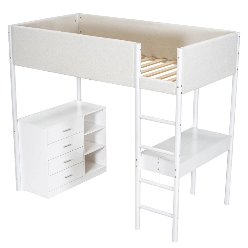 Cama alta de pino tamaño Twin con barandillas tapizadas en tejido polar, escritorio abatible y módulo de almacenamiento con 4 cajones, gris blanco natural