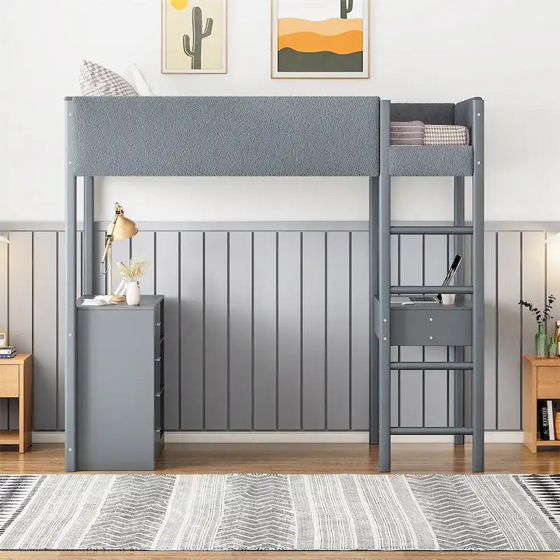 Cama alta de pino tamaño Twin con barandillas tapizadas en tejido polar, escritorio abatible y módulo de almacenamiento con 4 cajones, gris blanco natural