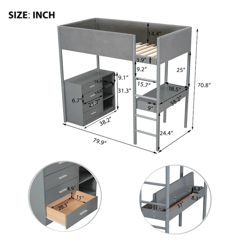 Cama alta de pino tamaño Twin con barandillas tapizadas en tejido polar, escritorio abatible y módulo de almacenamiento con 4 cajones, gris blanco natural