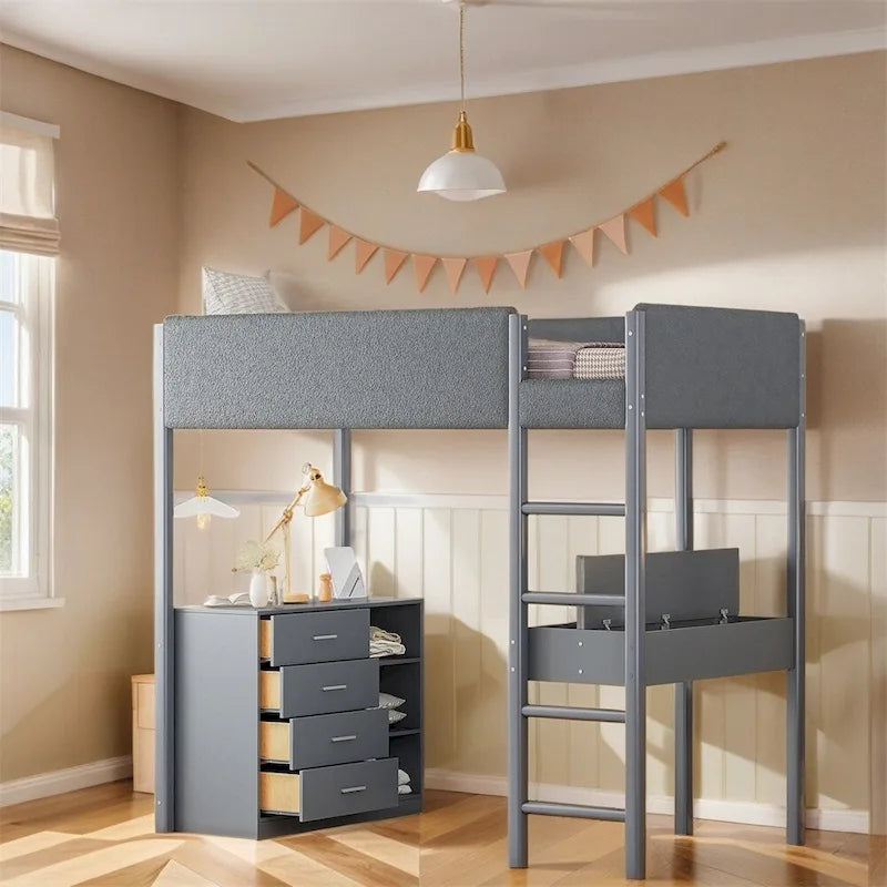 Cama alta de pino tamaño Twin con barandillas tapizadas en tejido polar, escritorio abatible y módulo de almacenamiento con 4 cajones, gris blanco natural
