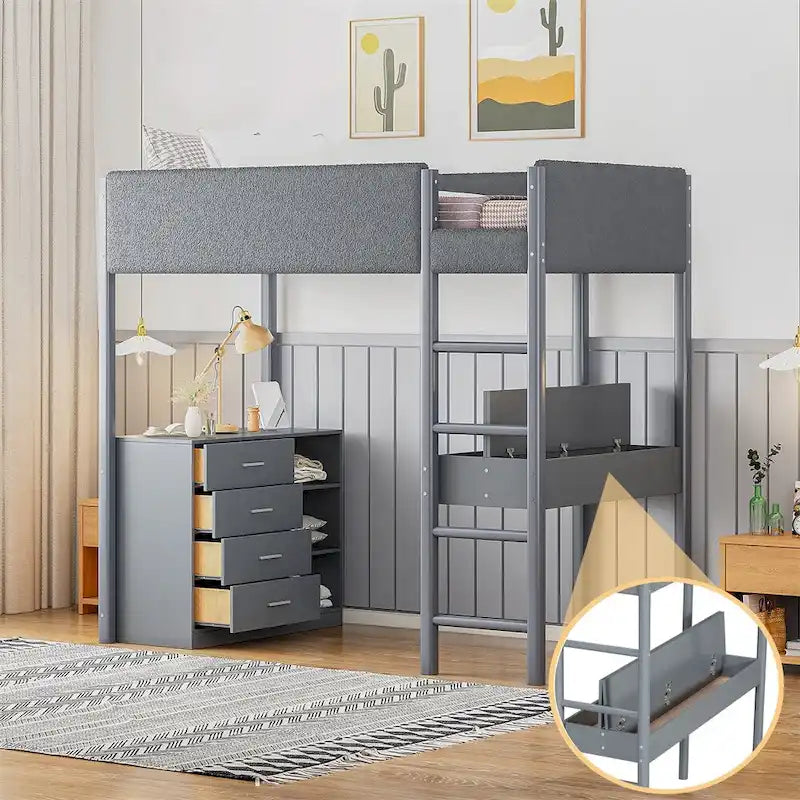 Cama alta de pino tamaño Twin con barandillas tapizadas en tejido polar, escritorio abatible y módulo de almacenamiento con 4 cajones, gris blanco natural