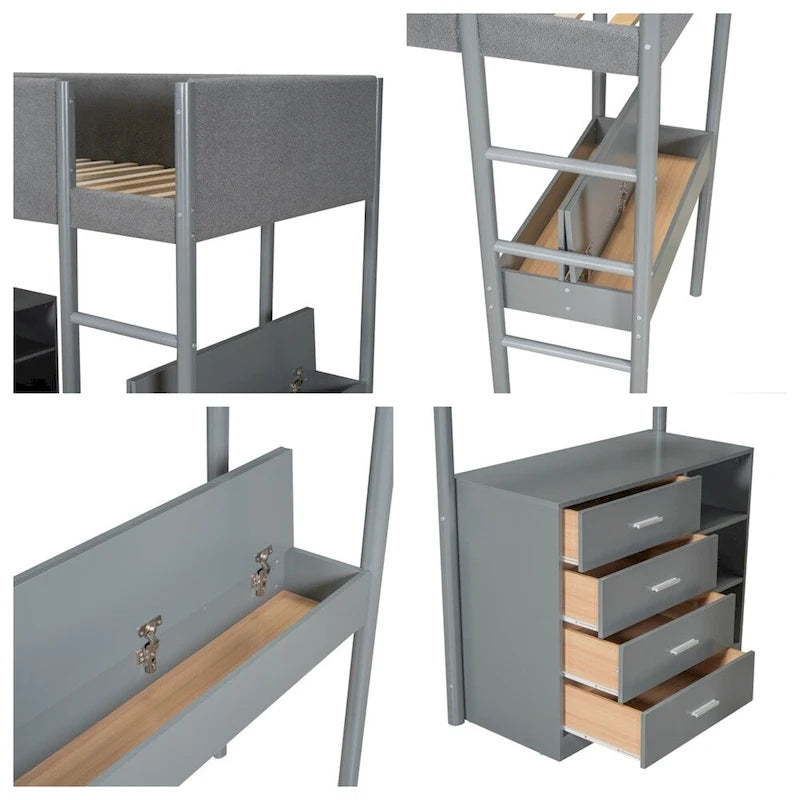 Cama alta de pino tamaño Twin con barandillas tapizadas en tejido polar, escritorio abatible y módulo de almacenamiento con 4 cajones, gris blanco natural