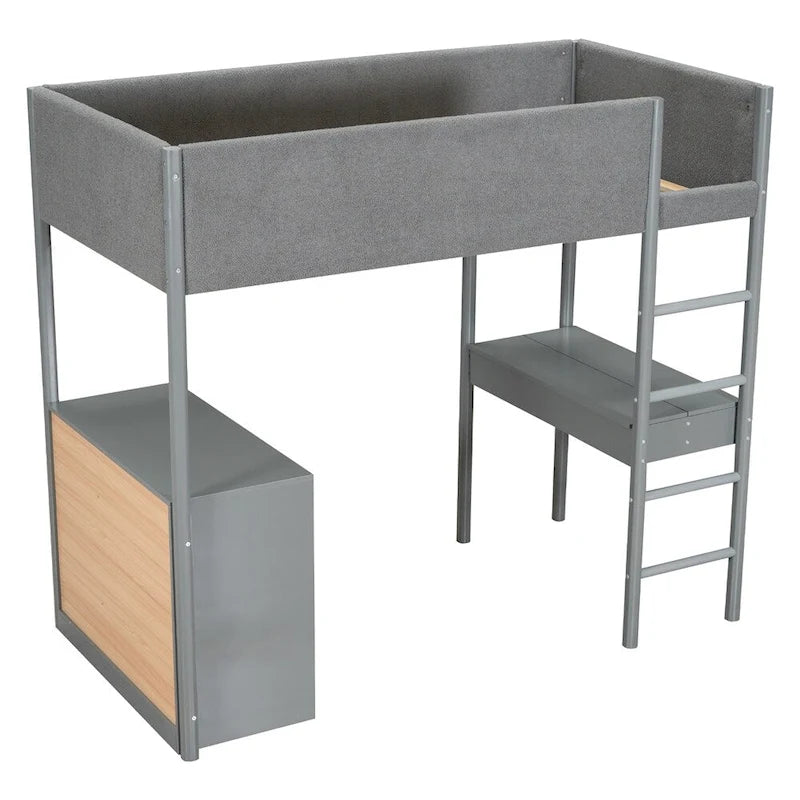 Cama alta de pino tamaño Twin con barandillas tapizadas en tejido polar, escritorio abatible y módulo de almacenamiento con 4 cajones, gris blanco natural
