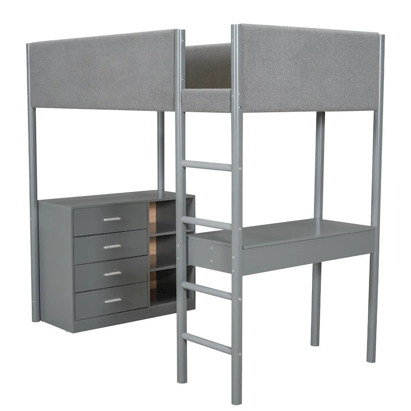 Cama alta de pino tamaño Twin con barandillas tapizadas en tejido polar, escritorio abatible y módulo de almacenamiento con 4 cajones, gris blanco natural