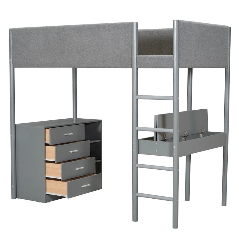 Cama alta de pino tamaño Twin con barandillas tapizadas en tejido polar, escritorio abatible y módulo de almacenamiento con 4 cajones, gris blanco natural