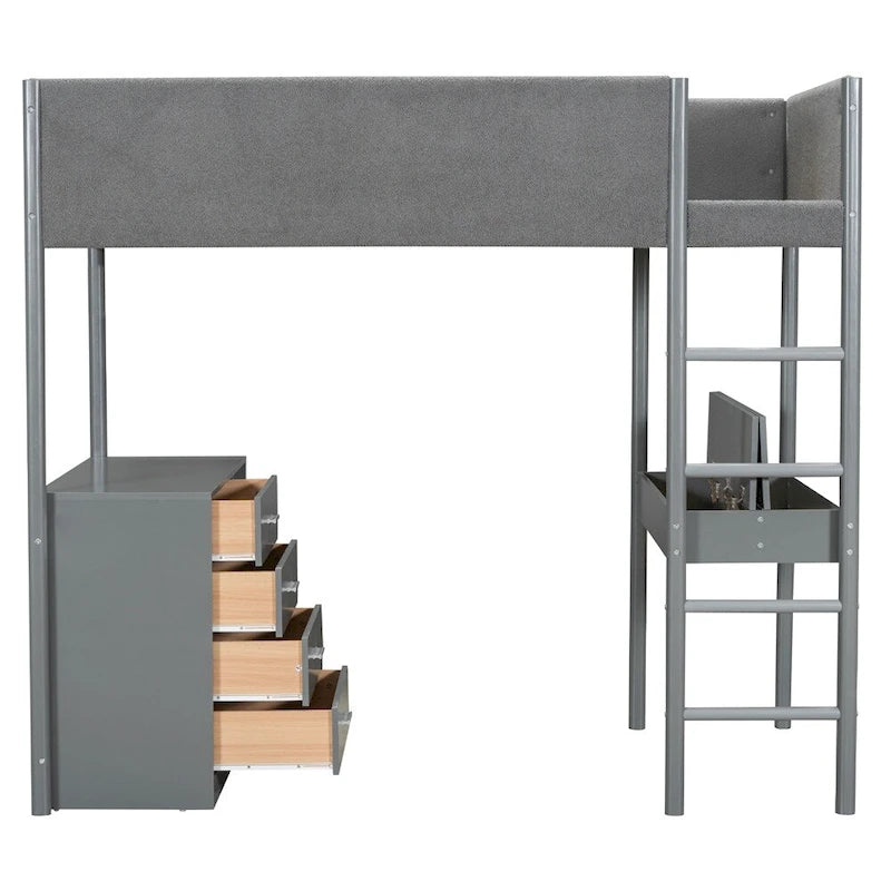 Cama alta de pino tamaño Twin con barandillas tapizadas en tejido polar, escritorio abatible y módulo de almacenamiento con 4 cajones, gris blanco natural