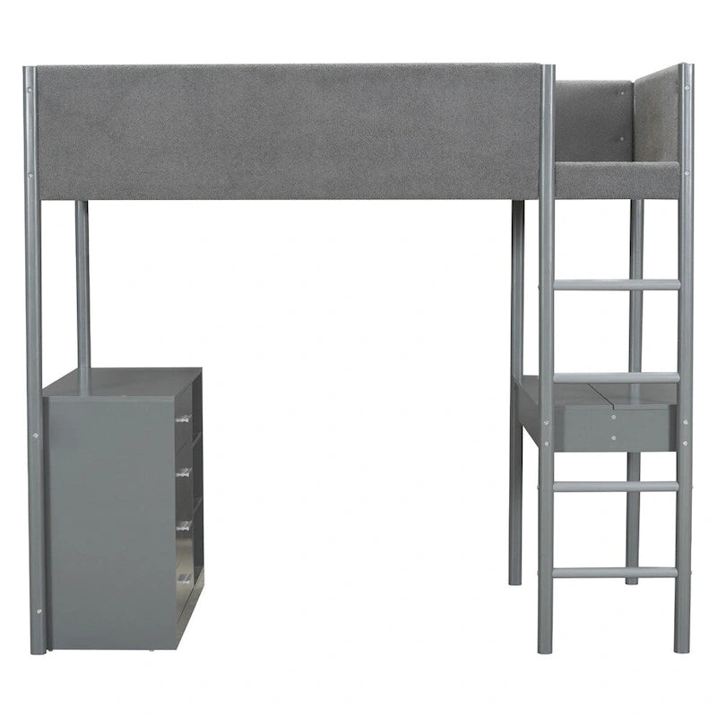 Cama alta de pino tamaño Twin con barandillas tapizadas en tejido polar, escritorio abatible y módulo de almacenamiento con 4 cajones, gris blanco natural