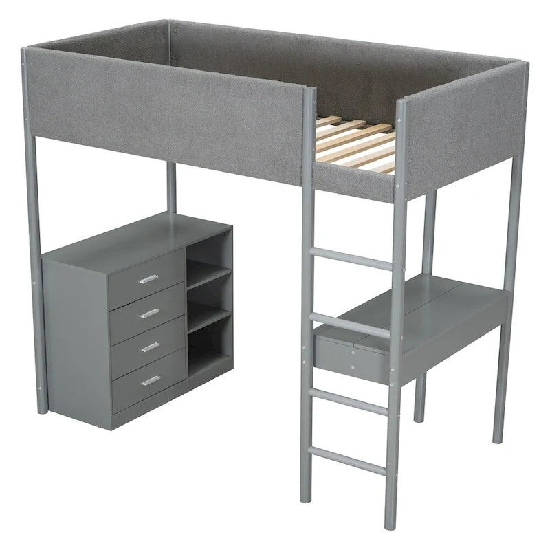 Cama alta de pino tamaño Twin con barandillas tapizadas en tejido polar, escritorio abatible y módulo de almacenamiento con 4 cajones, gris blanco natural