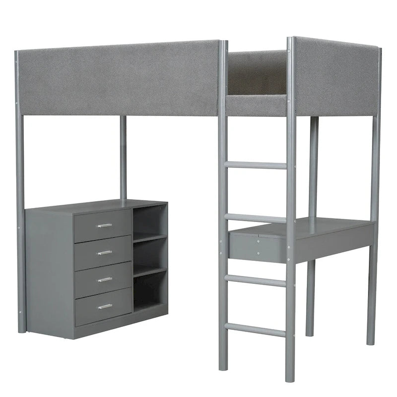 Cama alta de pino tamaño Twin con barandillas tapizadas en tejido polar, escritorio abatible y módulo de almacenamiento con 4 cajones, gris blanco natural