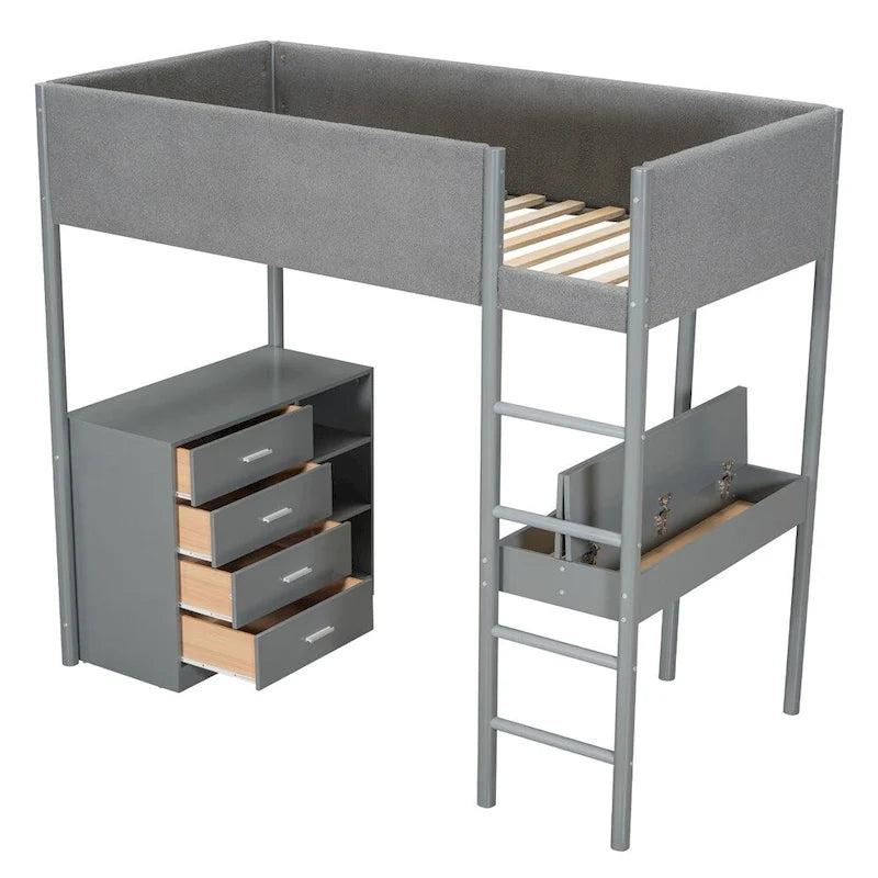 Cama alta de pino tamaño Twin con barandillas tapizadas en tejido polar, escritorio abatible y módulo de almacenamiento con 4 cajones, gris blanco natural