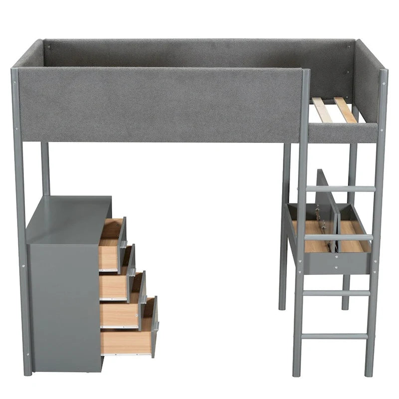 Cama alta de pino tamaño Twin con barandillas tapizadas en tejido polar, escritorio abatible y módulo de almacenamiento con 4 cajones, gris blanco natural