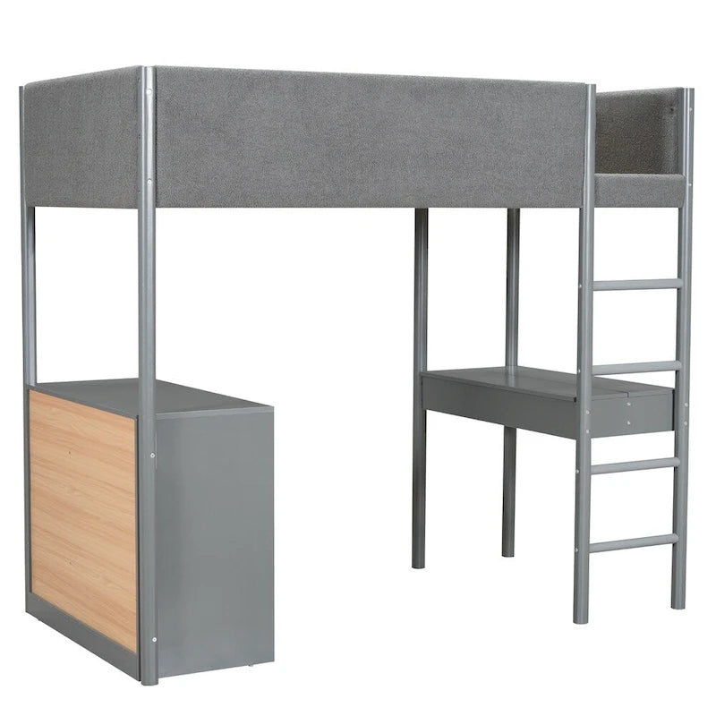 Cama alta de pino tamaño Twin con barandillas tapizadas en tejido polar, escritorio abatible y módulo de almacenamiento con 4 cajones, gris blanco natural