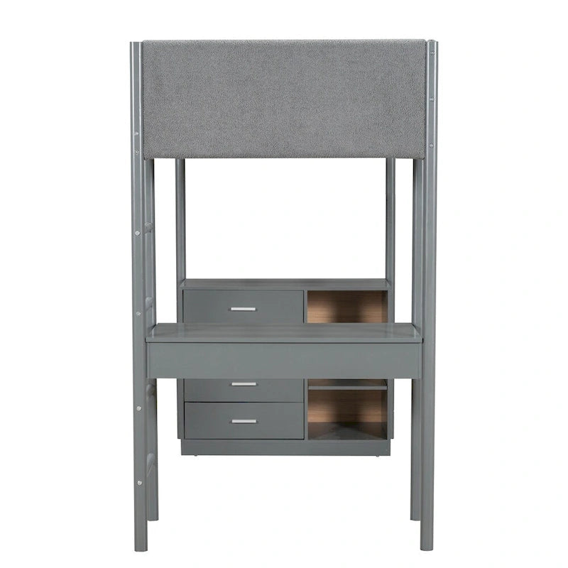 Cama alta de pino tamaño Twin con barandillas tapizadas en tejido polar, escritorio abatible y módulo de almacenamiento con 4 cajones, gris blanco natural