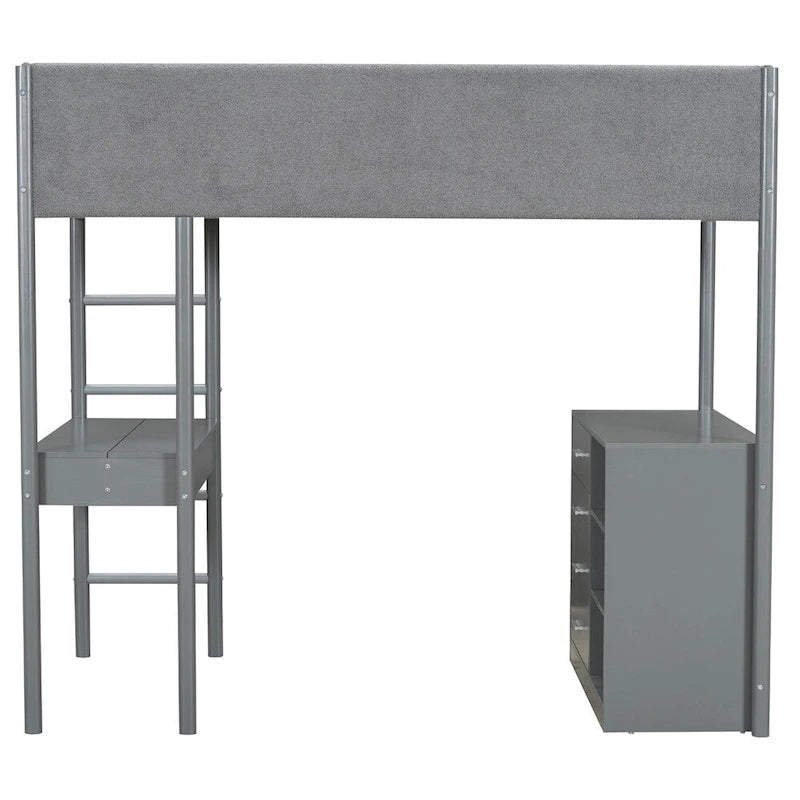 Cama alta de pino tamaño Twin con barandillas tapizadas en tejido polar, escritorio abatible y módulo de almacenamiento con 4 cajones, gris blanco natural