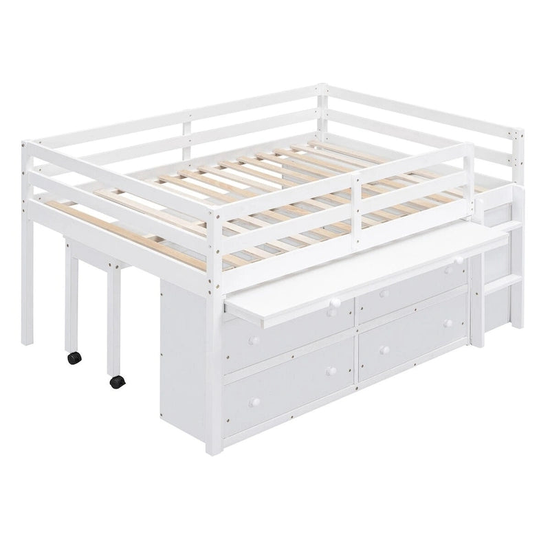 Niedriges Hochbett aus Kiefernholz mit ausziehbarem Schreibtisch, 4 Schubladen und seitlicher Leiter, Twin Full, grau, weiß