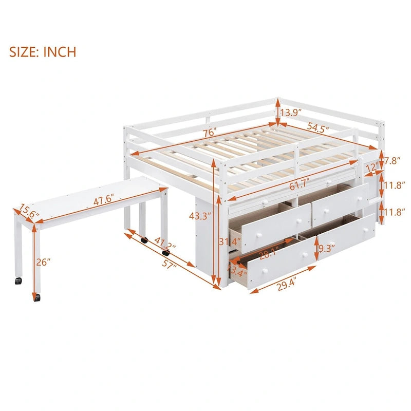 Niedriges Hochbett aus Kiefernholz mit ausziehbarem Schreibtisch, 4 Schubladen und seitlicher Leiter, Twin Full, grau, weiß