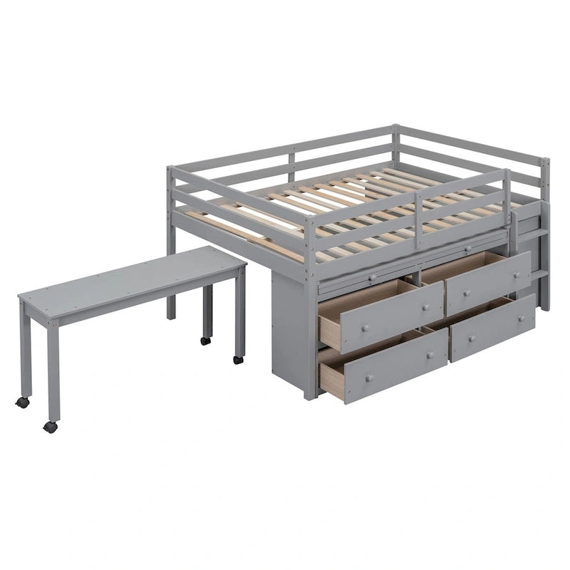 Niedriges Hochbett aus Kiefernholz mit ausziehbarem Schreibtisch, 4 Schubladen und seitlicher Leiter, Twin Full, grau, weiß