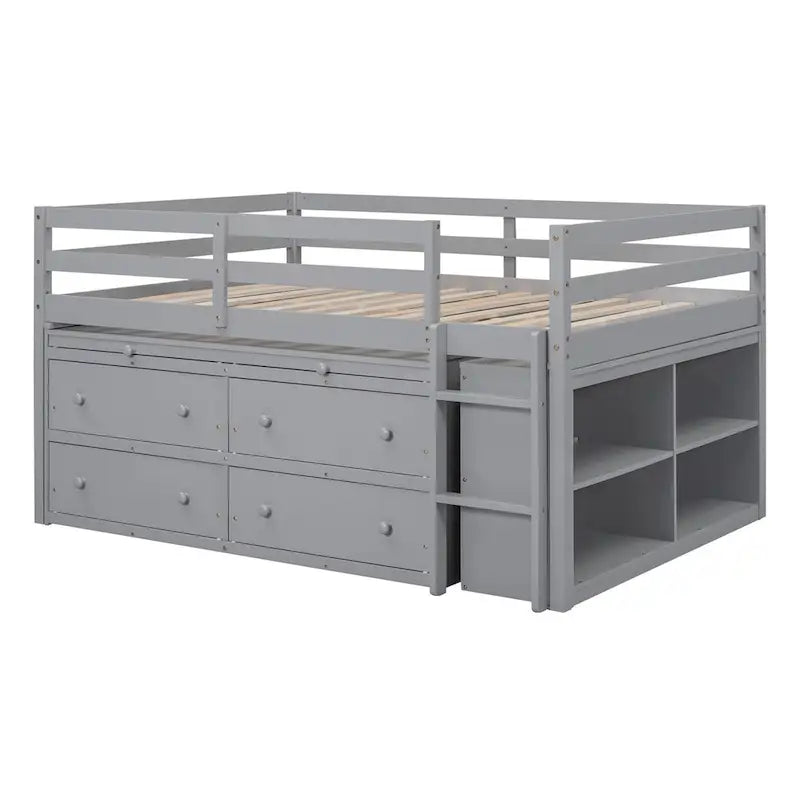 Niedriges Hochbett aus Kiefernholz mit ausziehbarem Schreibtisch, 4 Schubladen und seitlicher Leiter, Twin Full, grau, weiß