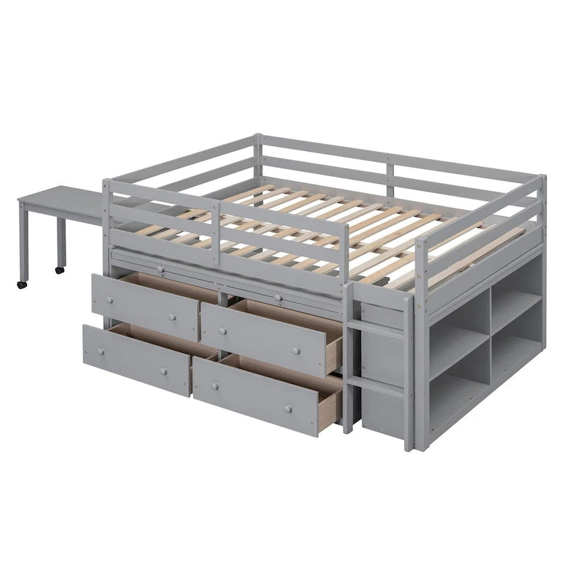 Niedriges Hochbett aus Kiefernholz mit ausziehbarem Schreibtisch, 4 Schubladen und seitlicher Leiter, Twin Full, grau, weiß