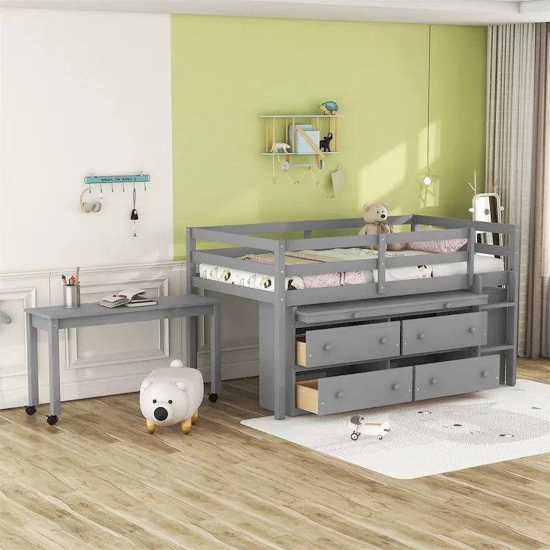 Niedriges Hochbett aus Kiefernholz mit ausziehbarem Schreibtisch, 4 Schubladen und seitlicher Leiter, Twin Full, grau, weiß