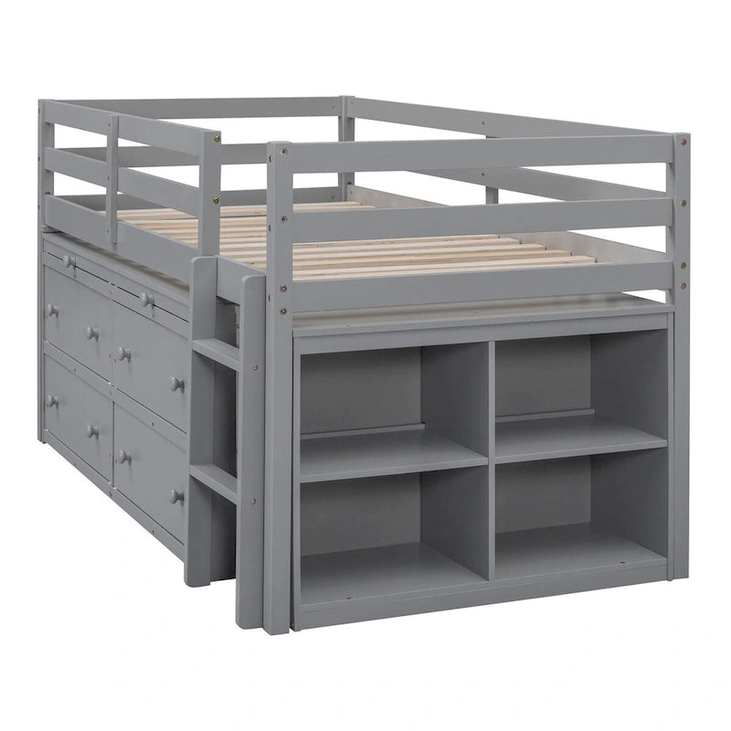 Niedriges Hochbett aus Kiefernholz mit ausziehbarem Schreibtisch, 4 Schubladen und seitlicher Leiter, Twin Full, grau, weiß